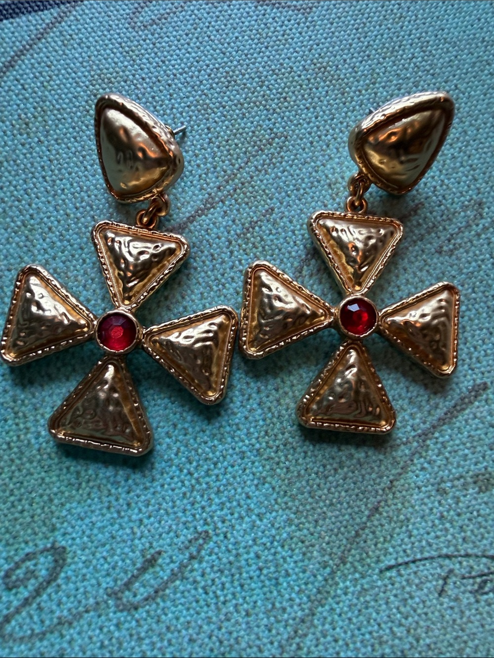 KJL Vintage 22k Plated Maltese Cross Earrings with Red Accent Pierced Original